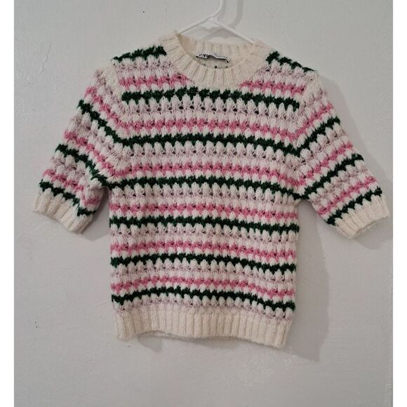 Zara Womens Small SOFT STRIPE KNIT Alpaca sweater Top Short Sleeve Pink Green - Picture 1 of 6